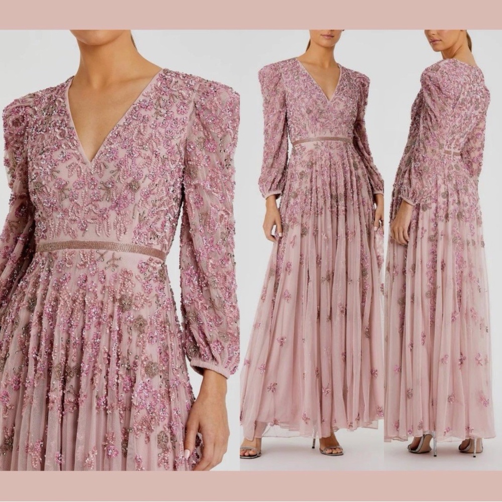 Mac Duggal 5497 Size 18 EMBELLISHED V NECK 3/4 SLEEVE A LINE GOWN Rose Beaded